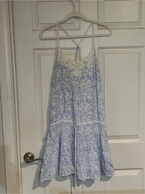 American Eagle Outfitters White and Light Blue Floral Lace Sundress